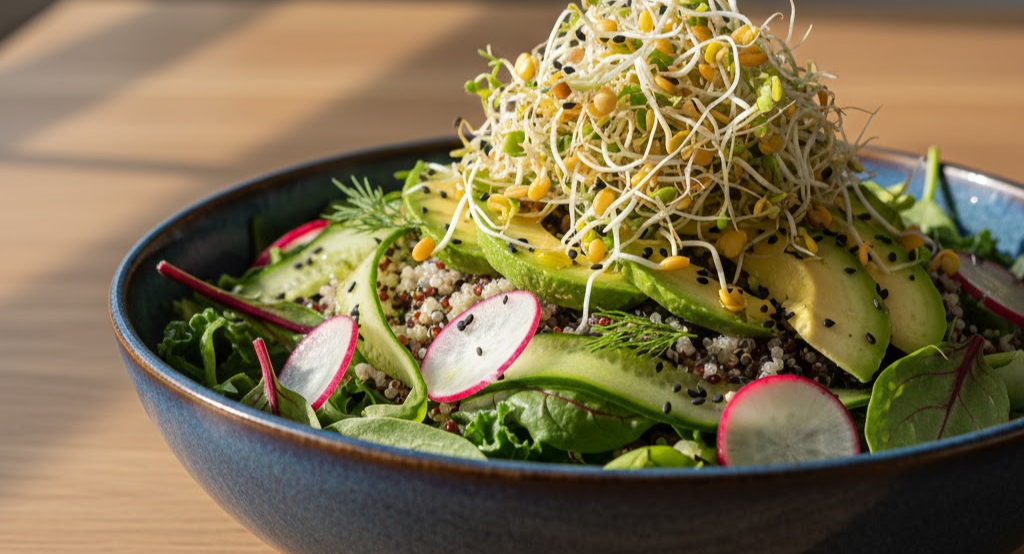 Hands mixing sprouted seeds into a fresh salad.