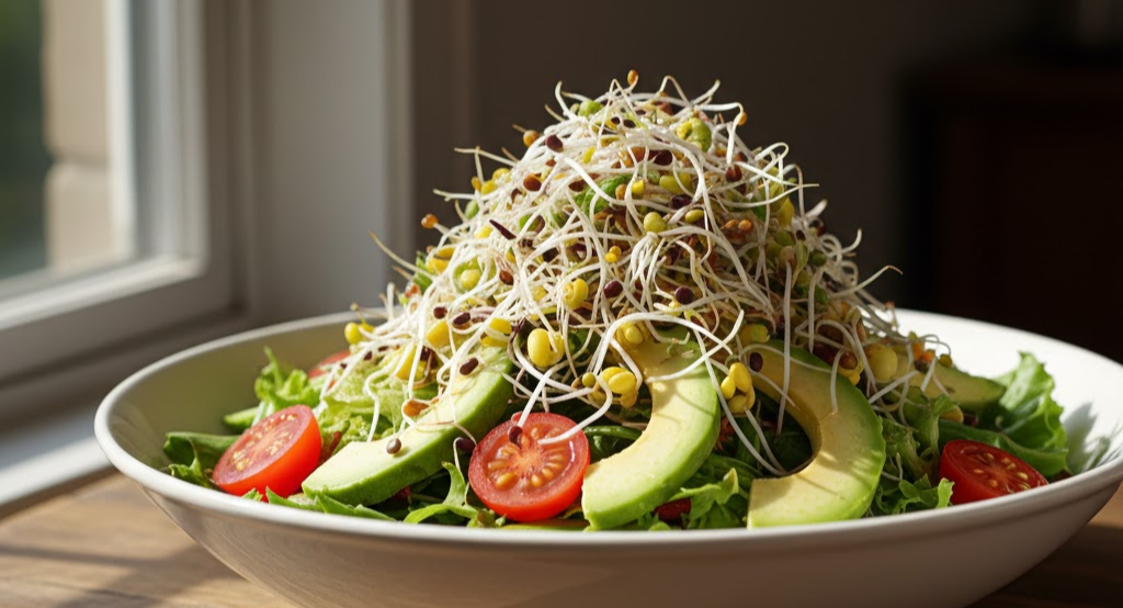 Fresh salad topped with sprouted seeds
