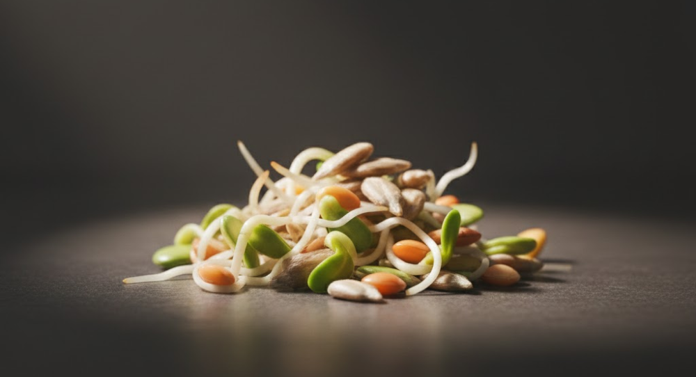 Sprouted seeds representing cellular energy and metabolic support.