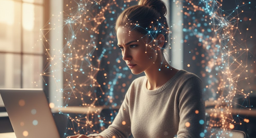 Person concentrating at desk with neural patterns symbolizing attention