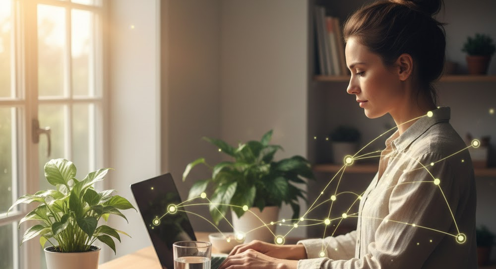 Person at standing desk with sunlight, water, and healthy snacks illustrating metabolic health