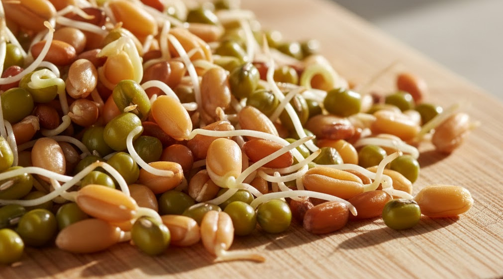 Fresh sprouted seeds on a wooden surface highlighting enzymes