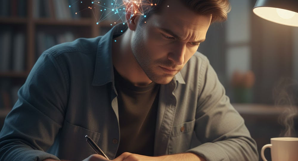 Person concentrating deeply under cognitive stress