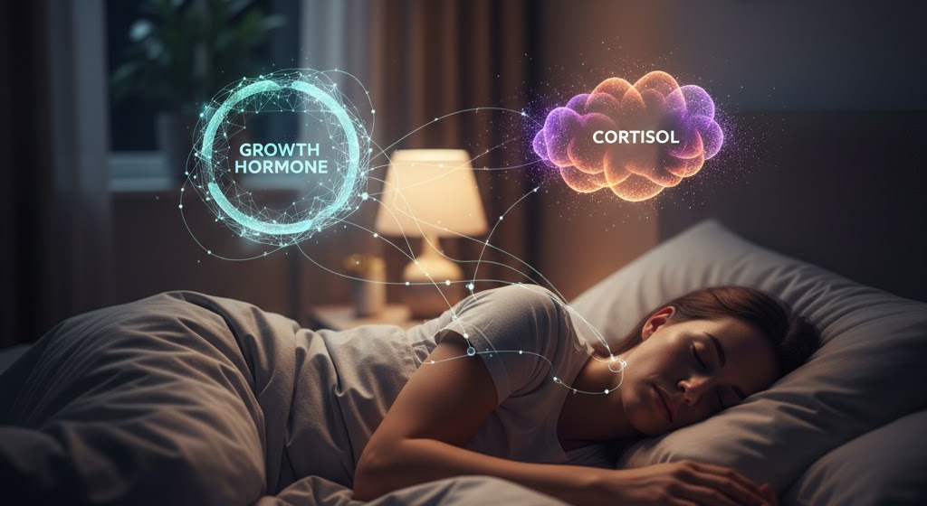Person sleeping with subtle hormone visuals illustrating energy metabolism