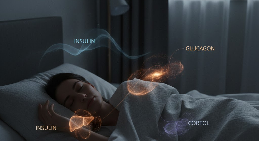 Person sleeping with hormones represented subtly, illustrating glucose control