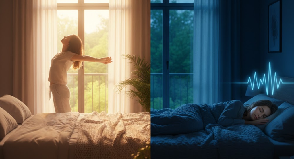 Split-scene showing morning wakefulness and nighttime sleep to illustrate circadian influence