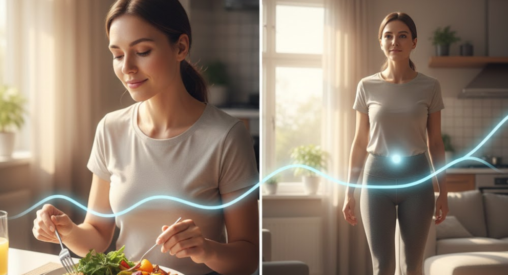 Person eating balanced meal and post-meal walking for glucose stability