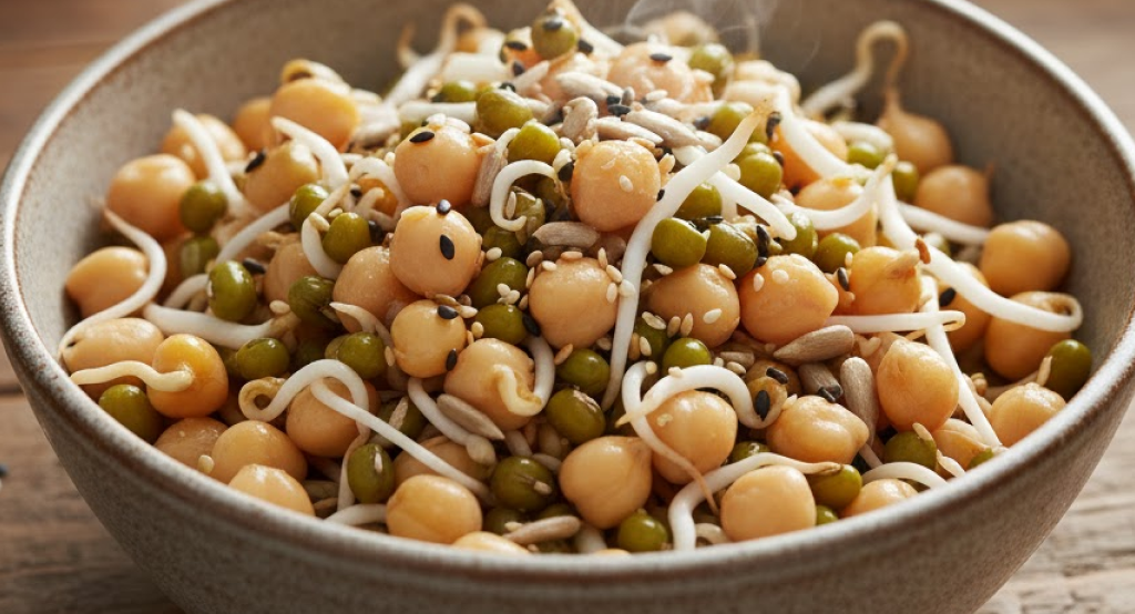 Bowl of sprouted legumes and seeds rich in minerals