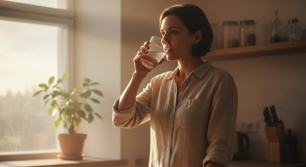 Person practicing fasting in the morning light