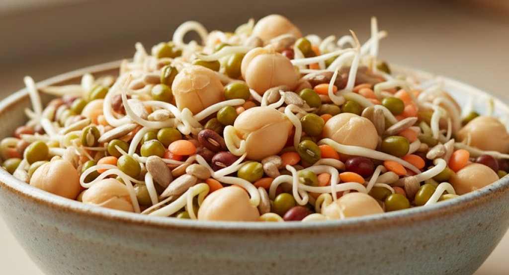 Bowl of sprouted seeds rich in iron, magnesium, and zinc