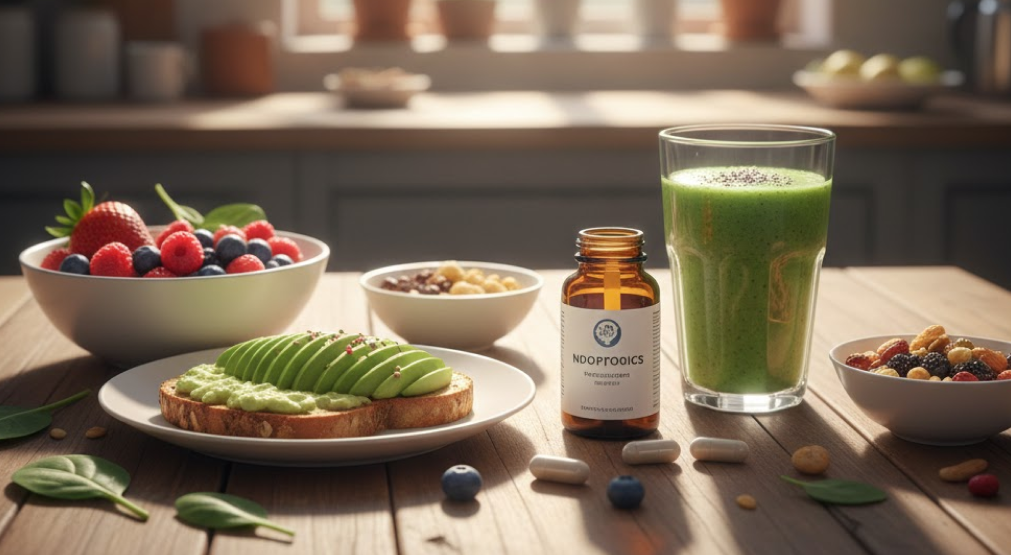 Healthy brain-supporting breakfast with nootropic supplements