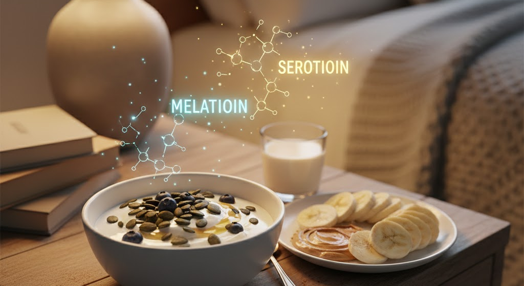 Evening snack with yogurt, pumpkin seeds, and banana supporting deep sleep