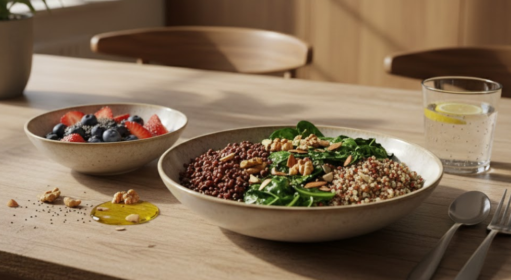 Healthy meal with legumes, vegetables, and whole grains for glucose stabilization