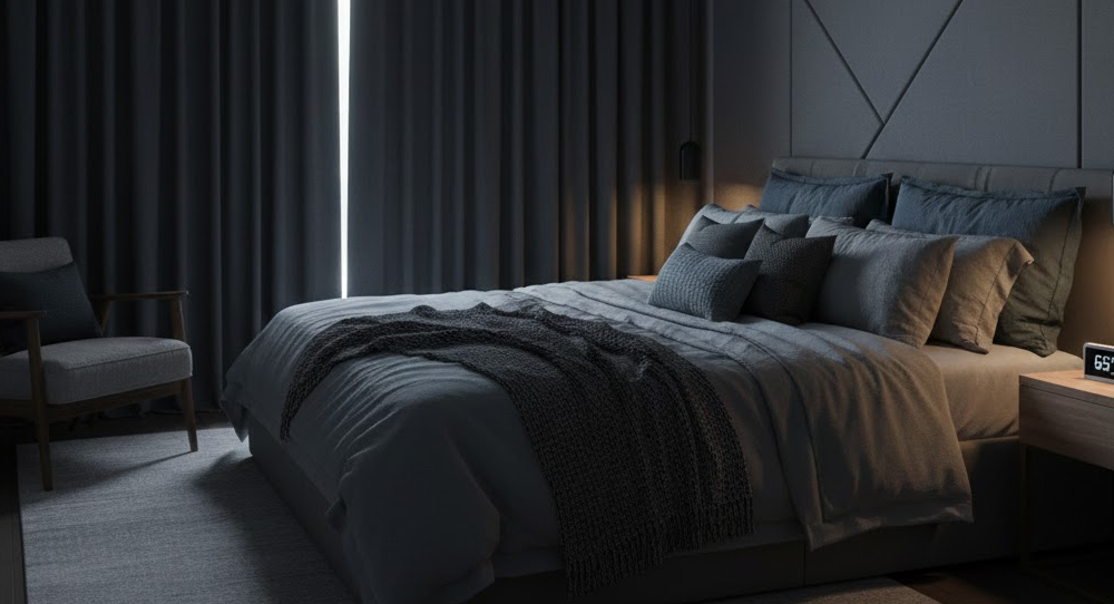 Bedroom optimized for sleep with darkness, cool temperature, and cozy bedding
