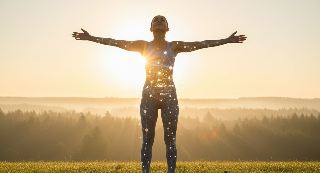 erson outdoors at sunrise, symbolizing restored energy and cellular health