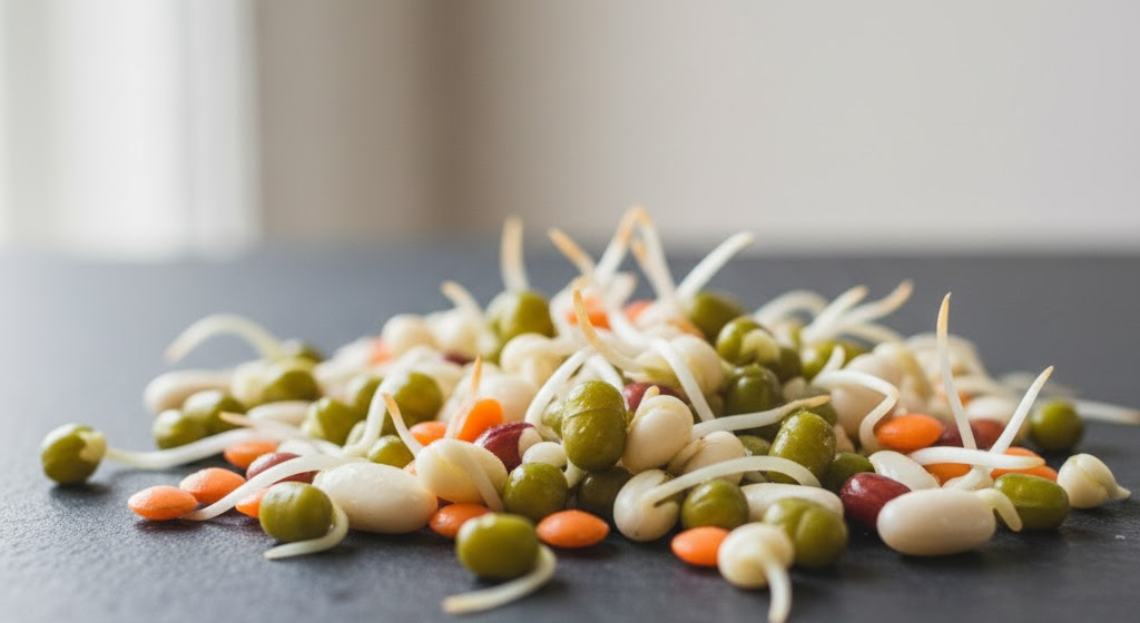 Close-up of sprouted legumes representing high-quality plant protein