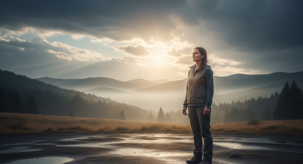 Person standing after storm symbolizing hormetic resilience