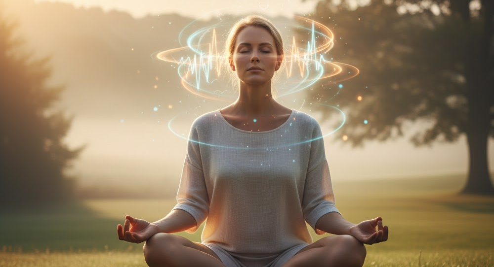 Person meditating outdoors with glowing neural waves around the head