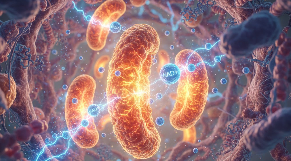Glowing mitochondria and NAD+ molecules inside a cell, illustrating energy production