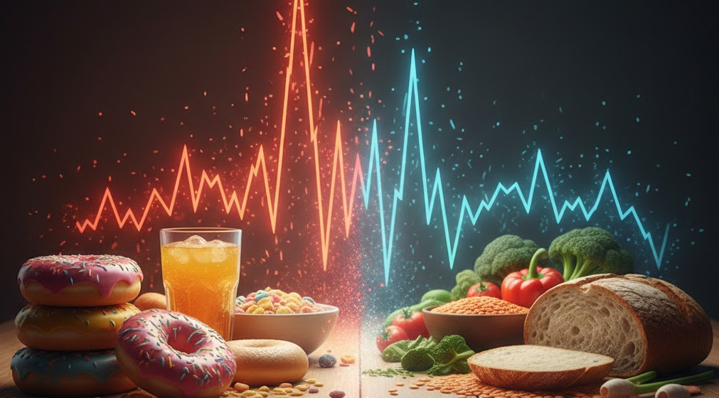 Table showing processed and whole foods to illustrate glucose spikes