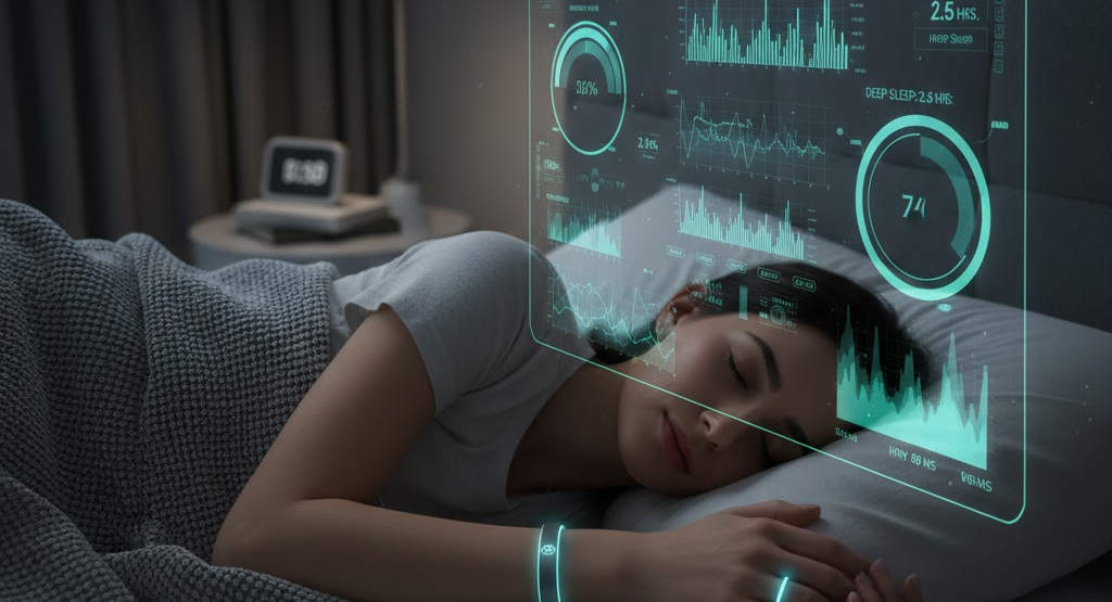Person sleeping with wearable tracking sleep stages and circadian rhythm