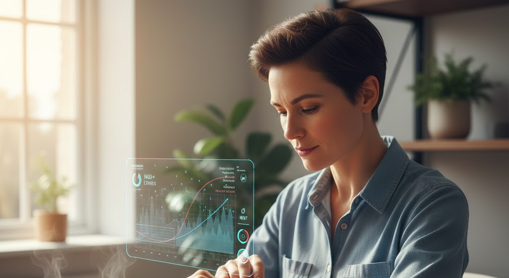 Person using wearable device to monitor energy, NAD+, and mitochondrial function