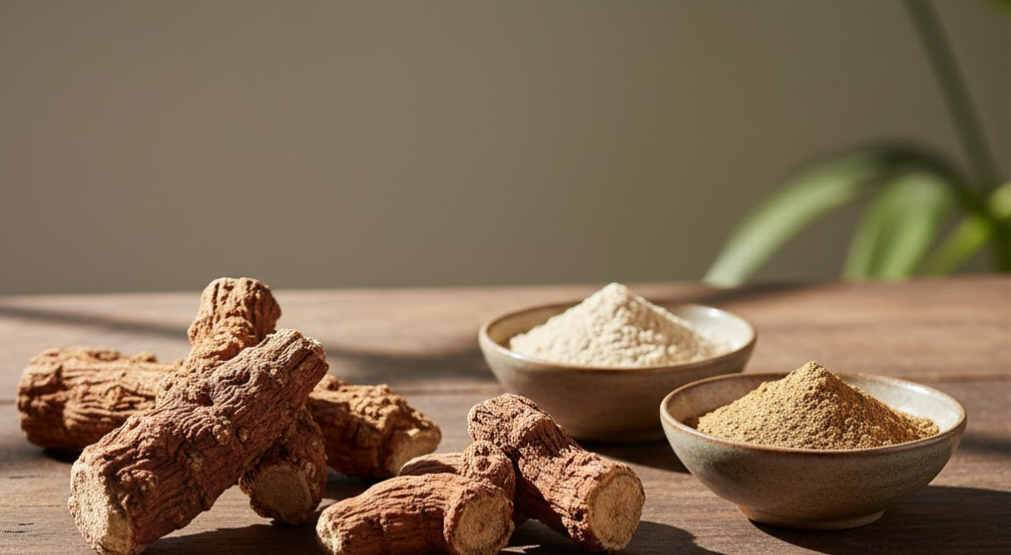 Rhodiola and ashwagandha roots and powders