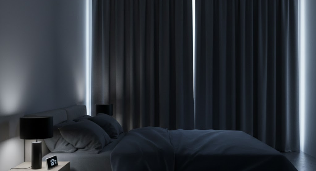 Dark, cool, minimalist bedroom optimized for sleep