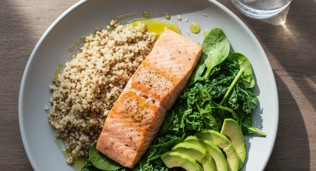 Whole-food meal with protein, fiber and healthy fats supporting stable blood sugar