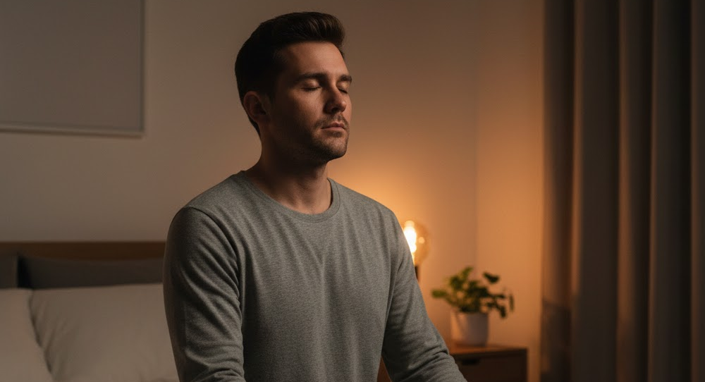 Person practicing slow breathing in dim bedroom