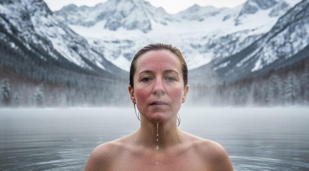 Person immersed in cold lake practicing cold exposure