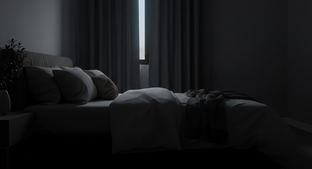 Peaceful dark bedroom environment at night