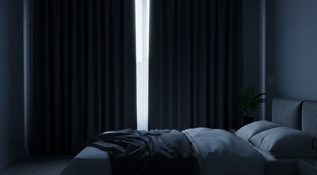 Dark cool bedroom designed for deep restorative sleep and energy recovery