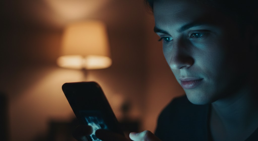 Person using a smartphone at night with blue light illumination