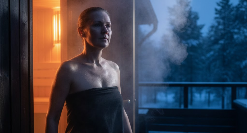 Person sweating in sauna demonstrating heat hormesis