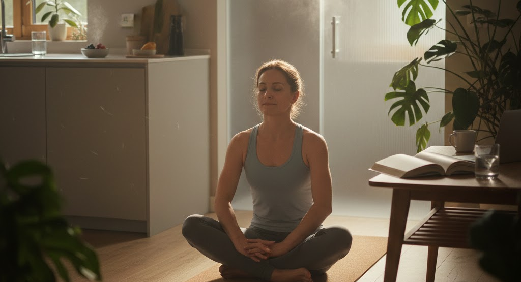 Person integrating exercise, fasting, and mental focus into routine