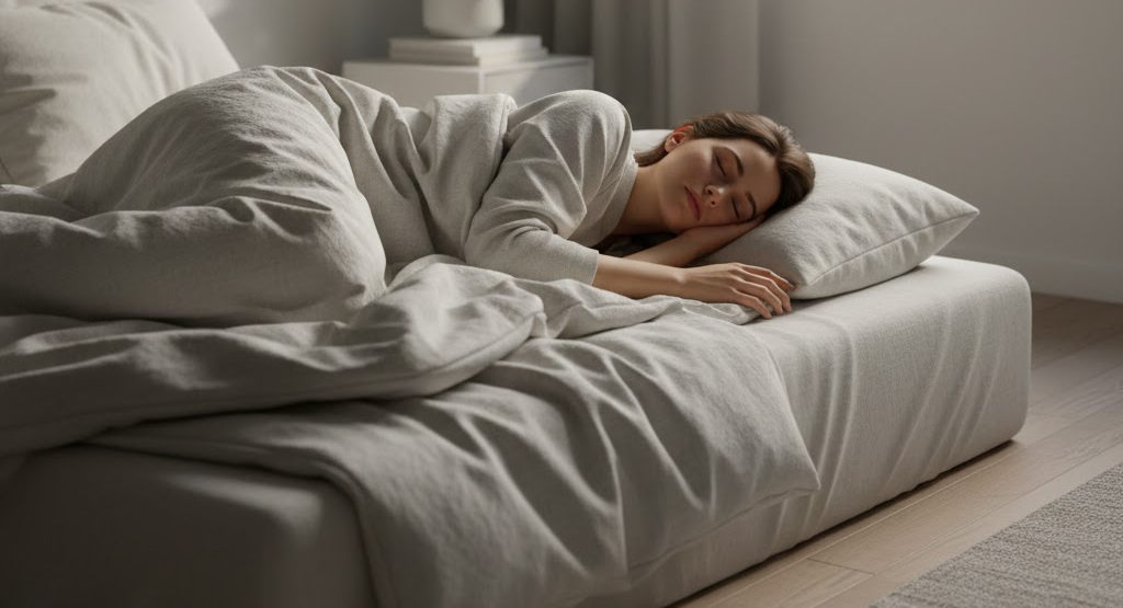 Peaceful sleeper in optimized bedroom at dawn