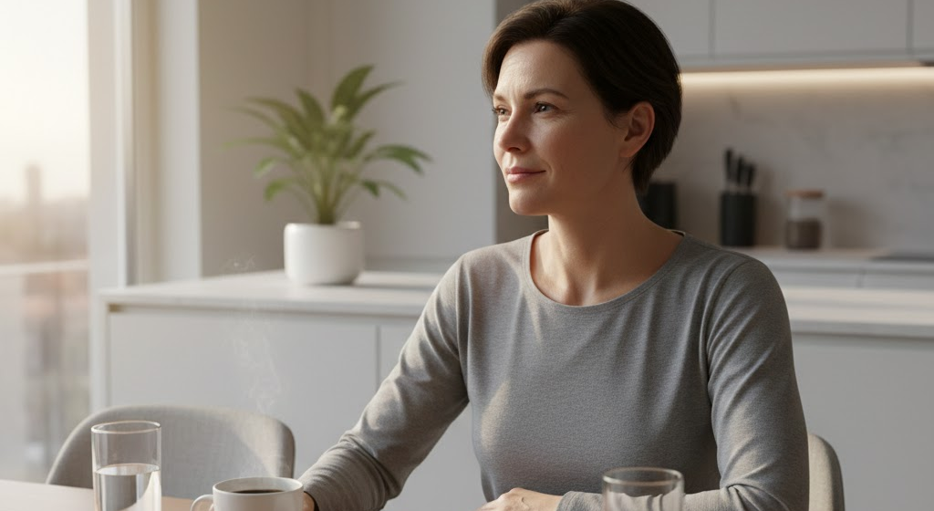 Person practicing intermittent fasting in morning kitchen