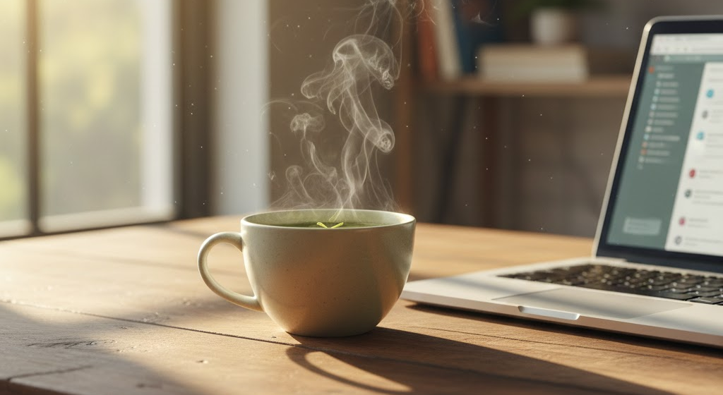 Cup of green tea promoting relaxed alertness