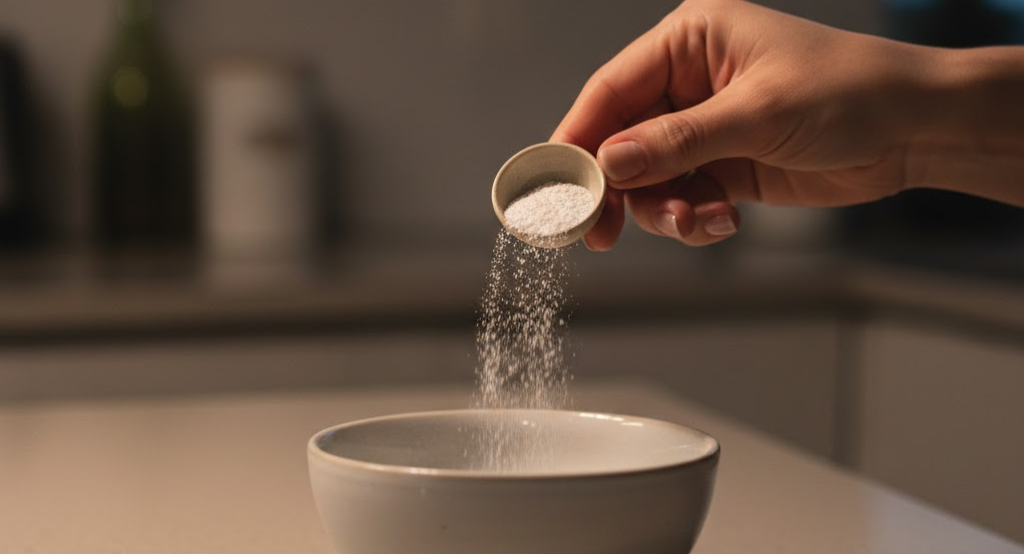 Hand adding magnesium supplement to bowl