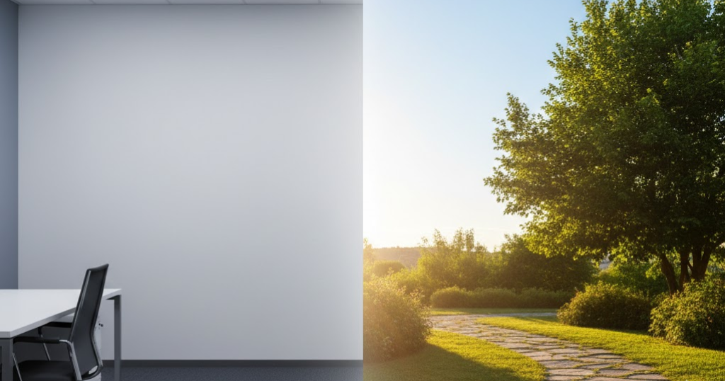 Artificial indoor lighting contrasted with natural daylight environment