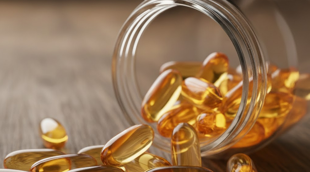 Glass jar with omega-3 capsules for brain function