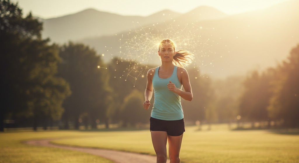 Person running outdoors with neurotrophic signaling visualization