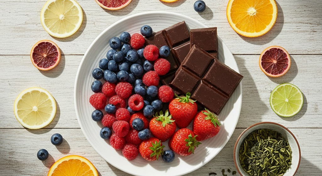 Plate with polyphenol-rich foods for gut-brain support