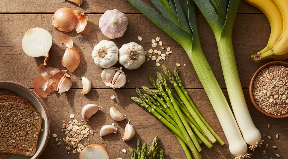 Table with prebiotic vegetables supporting gut health