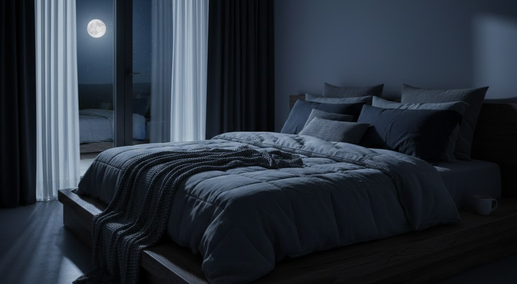 Peaceful dark bedroom environment for brain recovery