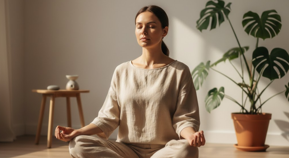 Person meditating to reduce stress and support gut health