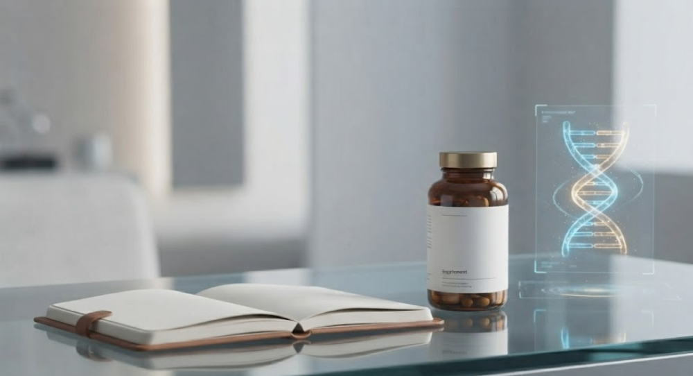A modern biohacking desk with supplements, notebook, and DNA hologram.