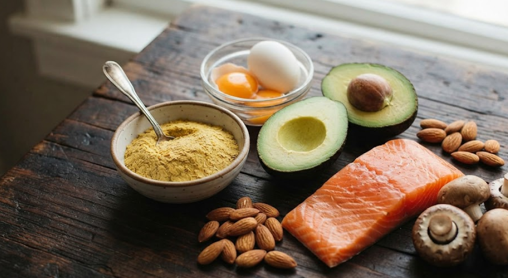 Rustic flat-lay of foods rich in Vitamin B-complex