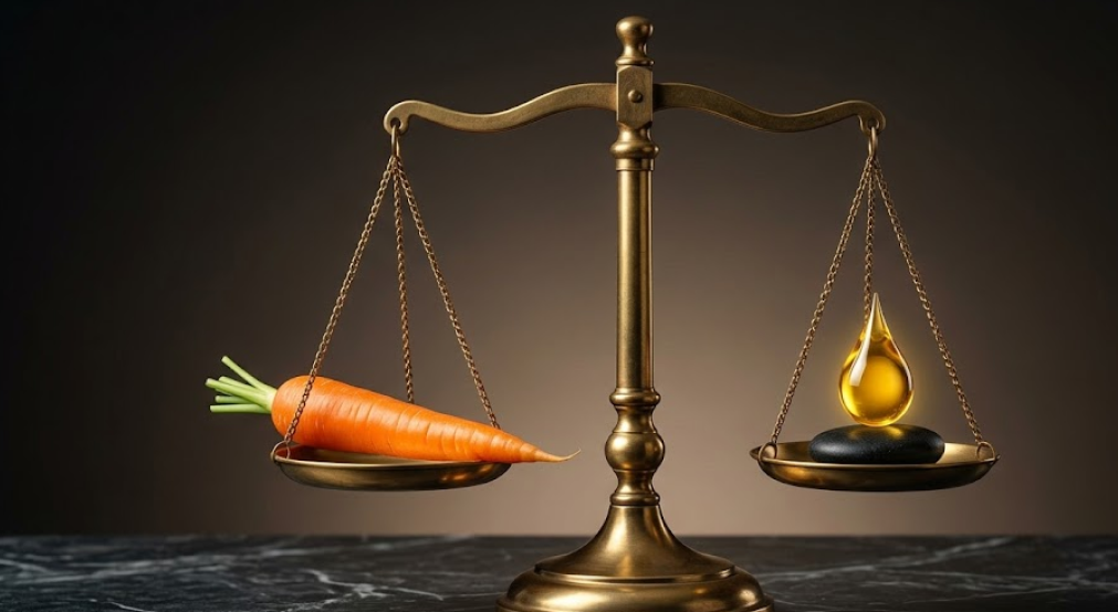 Antique brass apothecary scale balancing an organic carrot and a golden drop of oil.